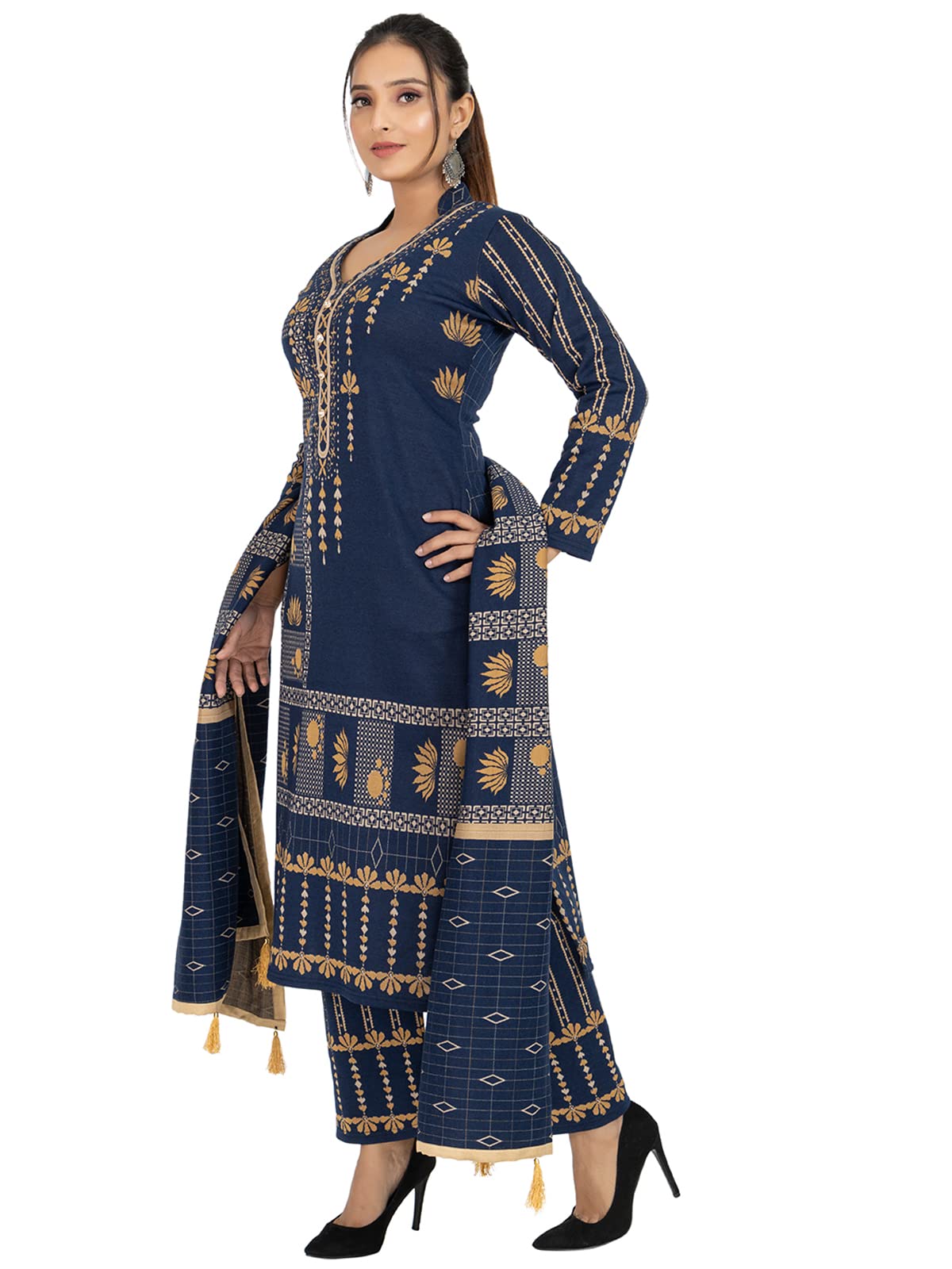Rosary Women's  Woolen Winter Wear Mandarin Neck Full Sleeve Two Side Pocket Straight Kurta with Palazzo & Stole Set of 3 pc M Navy