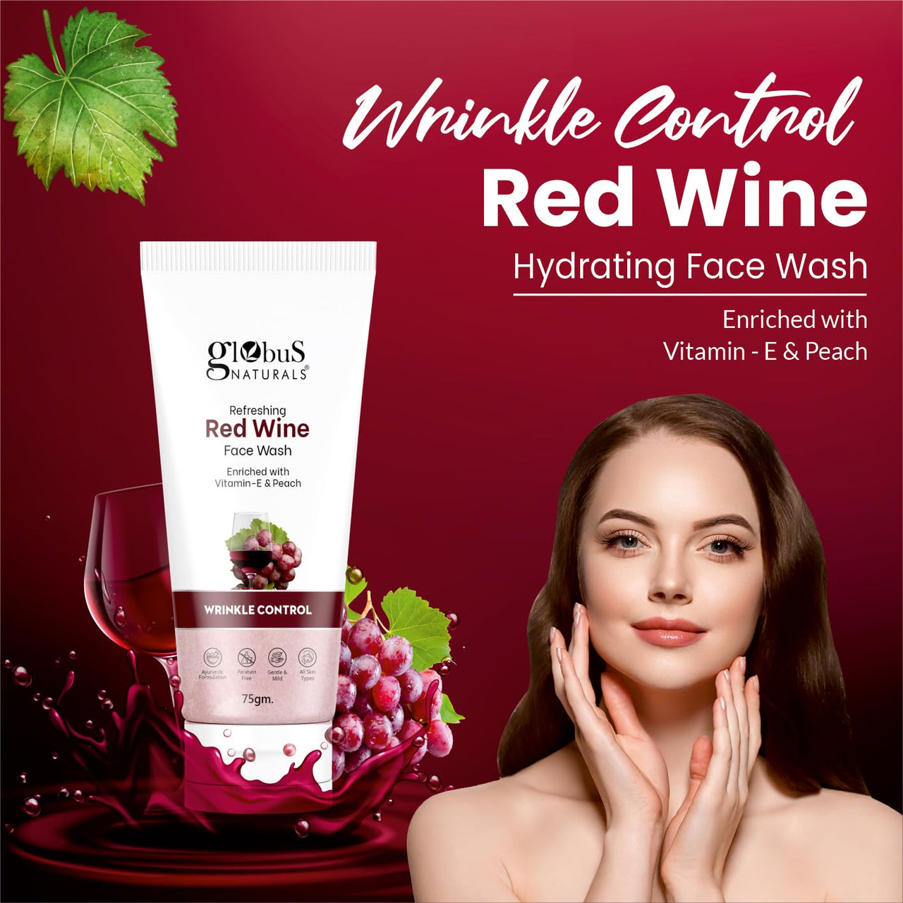 Globus Naturals Red Wine Hydrating Face Wash, Enriched With Rosemary & Honey, Wrinkle Control Formula, Natural, Gentle & Mild, Suitable For All Skin Types, 75 gm