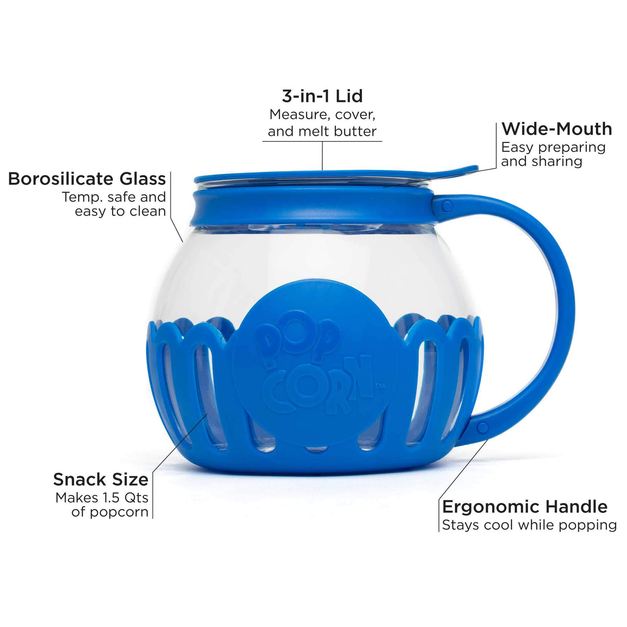 Ecolution Patented Micro-Pop Microwave Popcorn Popper with Temperature Safe Glass, 3-in-1 Lid Measures Kernels and Melts Butter, Made Without BPA, Dishwasher Safe, 1.5-Quart, Blue