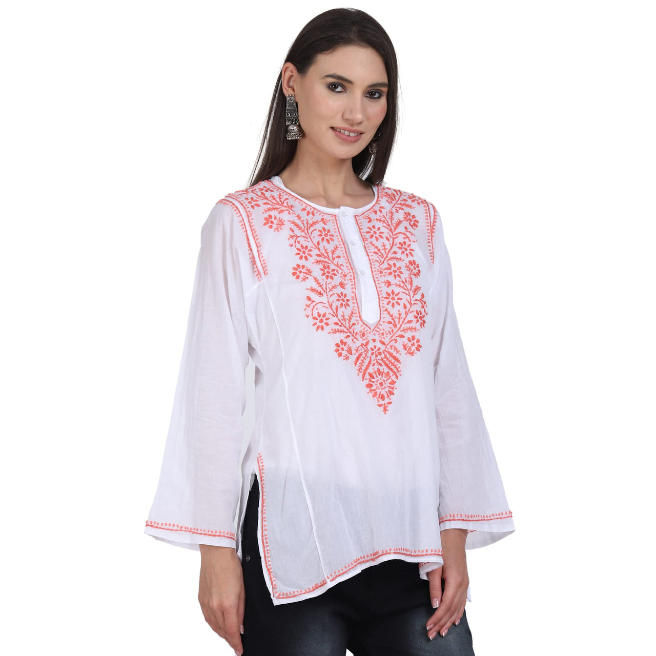 Paramount Women's  Chikankari Cotton White Straight Short Kurta Navy XS