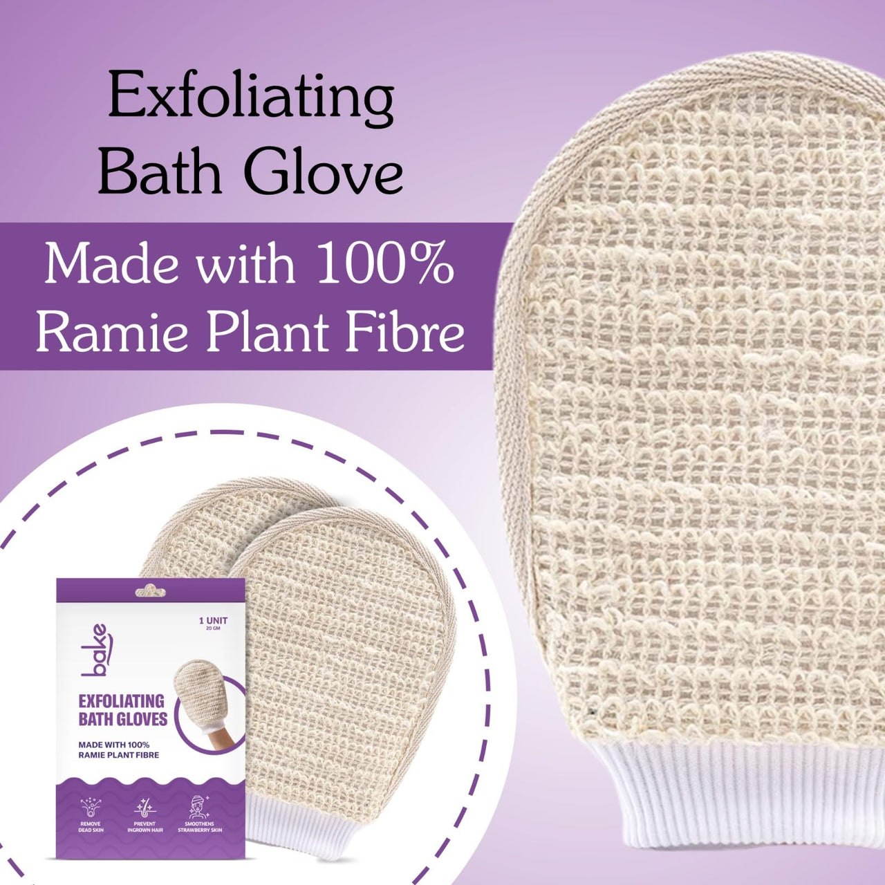 BAKE Exfoliating Bath Glove for Dead Skin, Tan Removal, Strawberry Skin, Body Acne & Ingrown Hair | 100% Ramie Plant Fibre, Body Exfoliator for Dry Patches | For Men & Women | 1 Glove (20g)