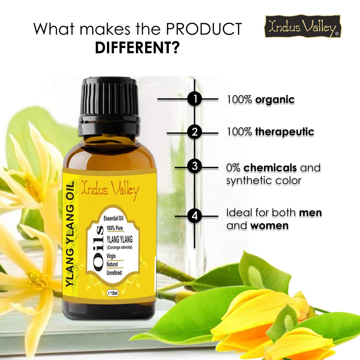 Indus Valley 100% Pure Natural & Organic, Undiluted ylang ylang Essential Oil with Glass Dropper for Skin, Hair Care -15ml
