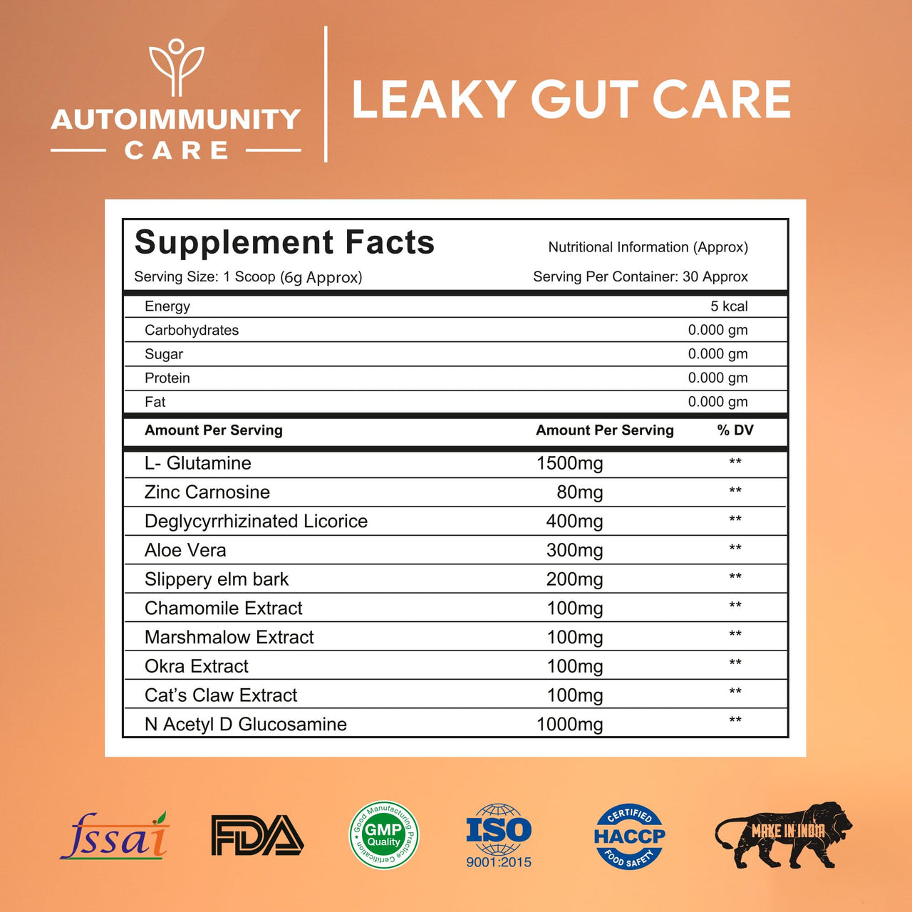 Autoimmunity care : Leaky Gut Care - Complete Gut Support|Fights Infections,Anti-Inflammatory|With L Glutamine,Zinc Carnosine,Aloe Vera,Vegan,Non-Gmo|180 G,Powder,1 Count,30 Servings