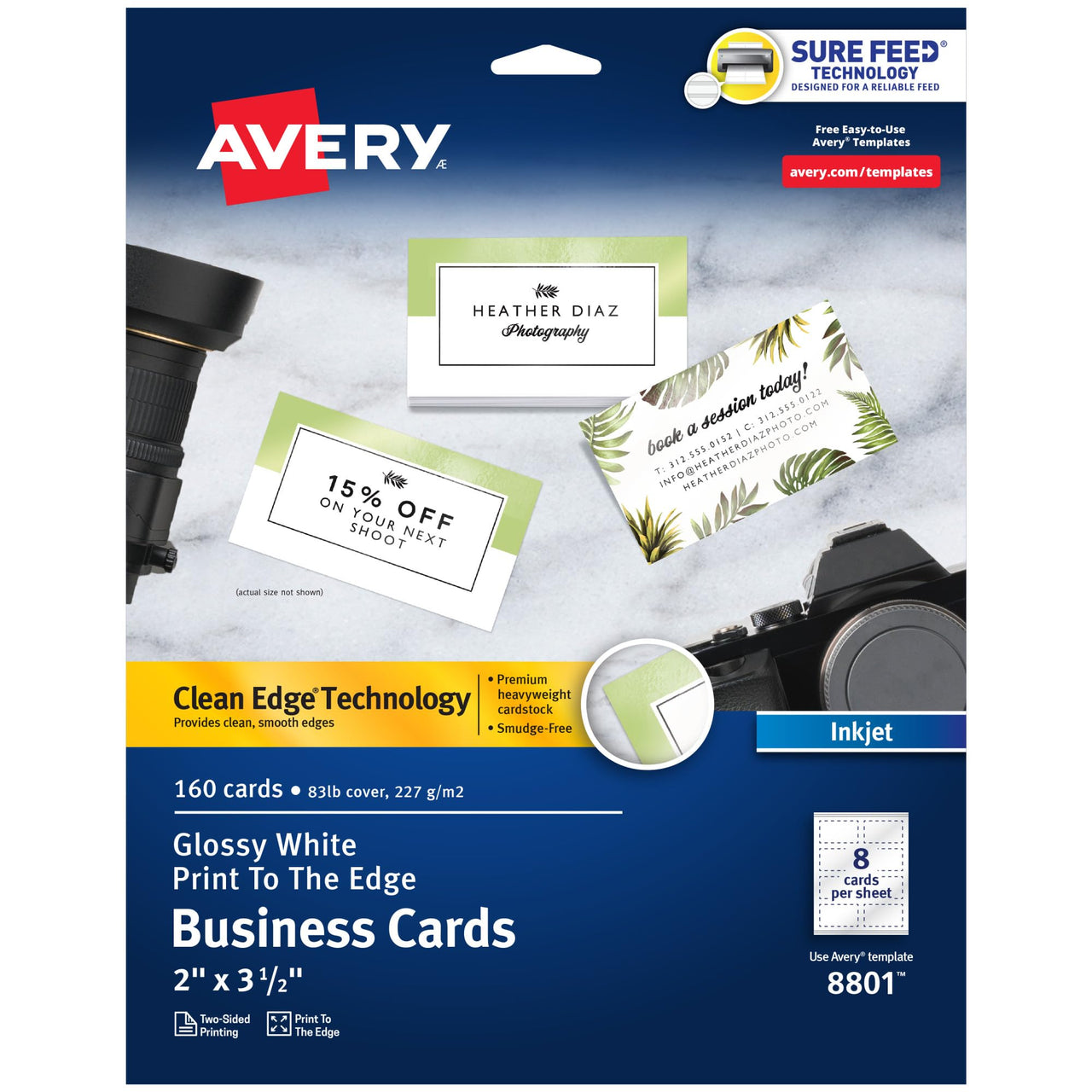 Avery Glossy Business Cards with Sure Feed Technology, 2" x 3.5", Glossy White, 160 Total, Clean Edge, Print-to-the-Edge, Inkjet Printable Cards (8801)