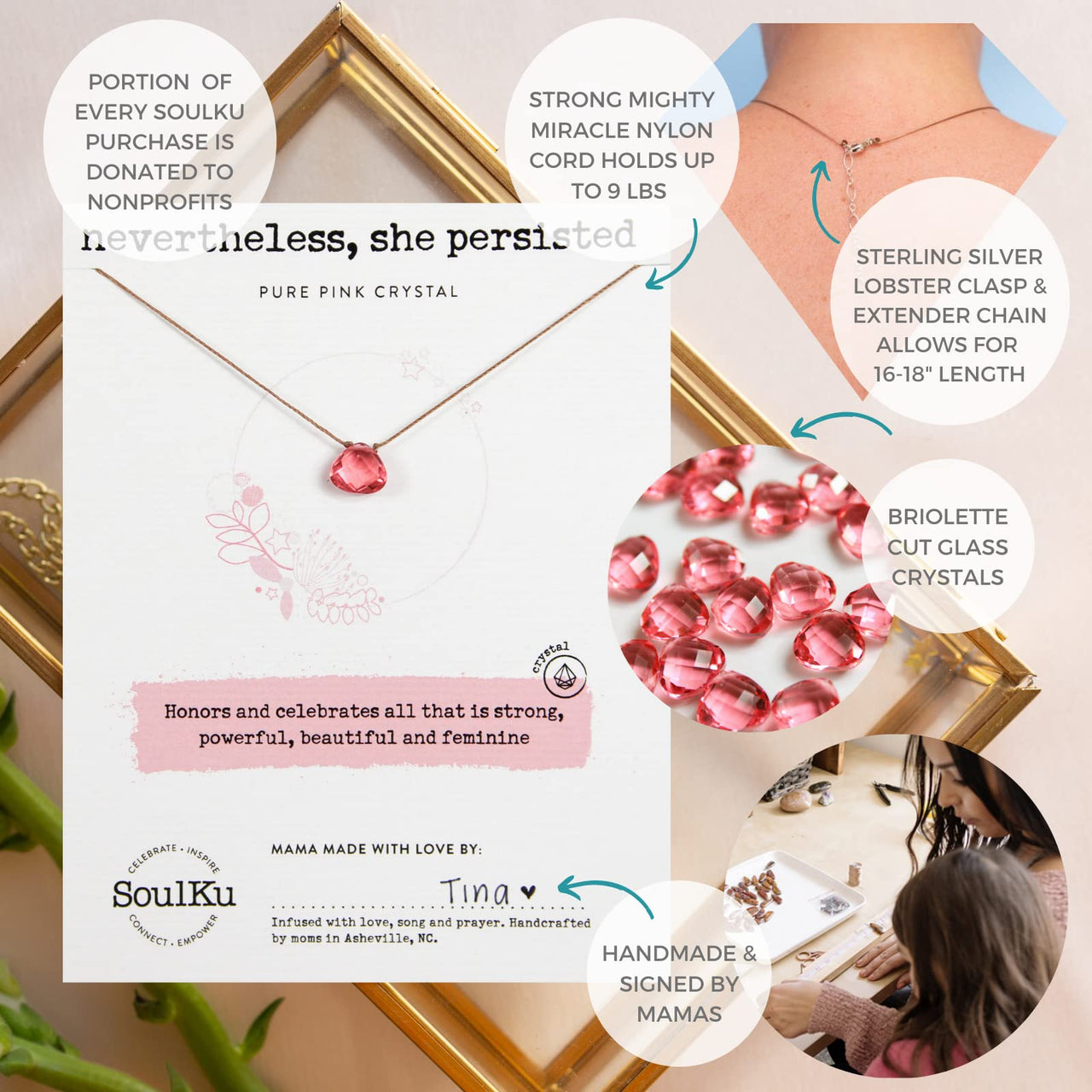 SoulKu Soul Shine Handmade Necklace, Empowering Jewelry With Healing Crystal, Inspirational Jewelry For Women, Mom & Sister, 2"" Extender With Lobster Clasp, 16"" Nylon Cord (Pure Pink, She Persisted)