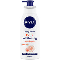 Nivea Body Lotion, Extra Whitening Cell Repair SPF 15, For All Skin Types, 400ml & Lip Balm, Original Care, 4.8g