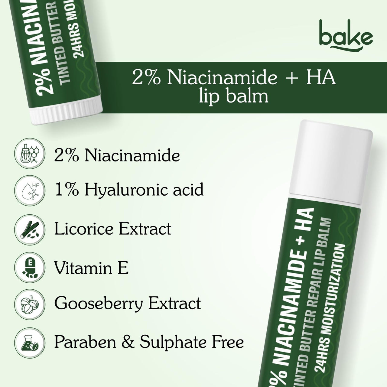 BAKE 2% Niacinamide + Hyaluronc Acid Tinted Butter Brightening Lip Balm 24 Hour Moisturization | For Dark, Pigmented, Dry, Flaky Lips | De-Tan Lip Balm - 5g