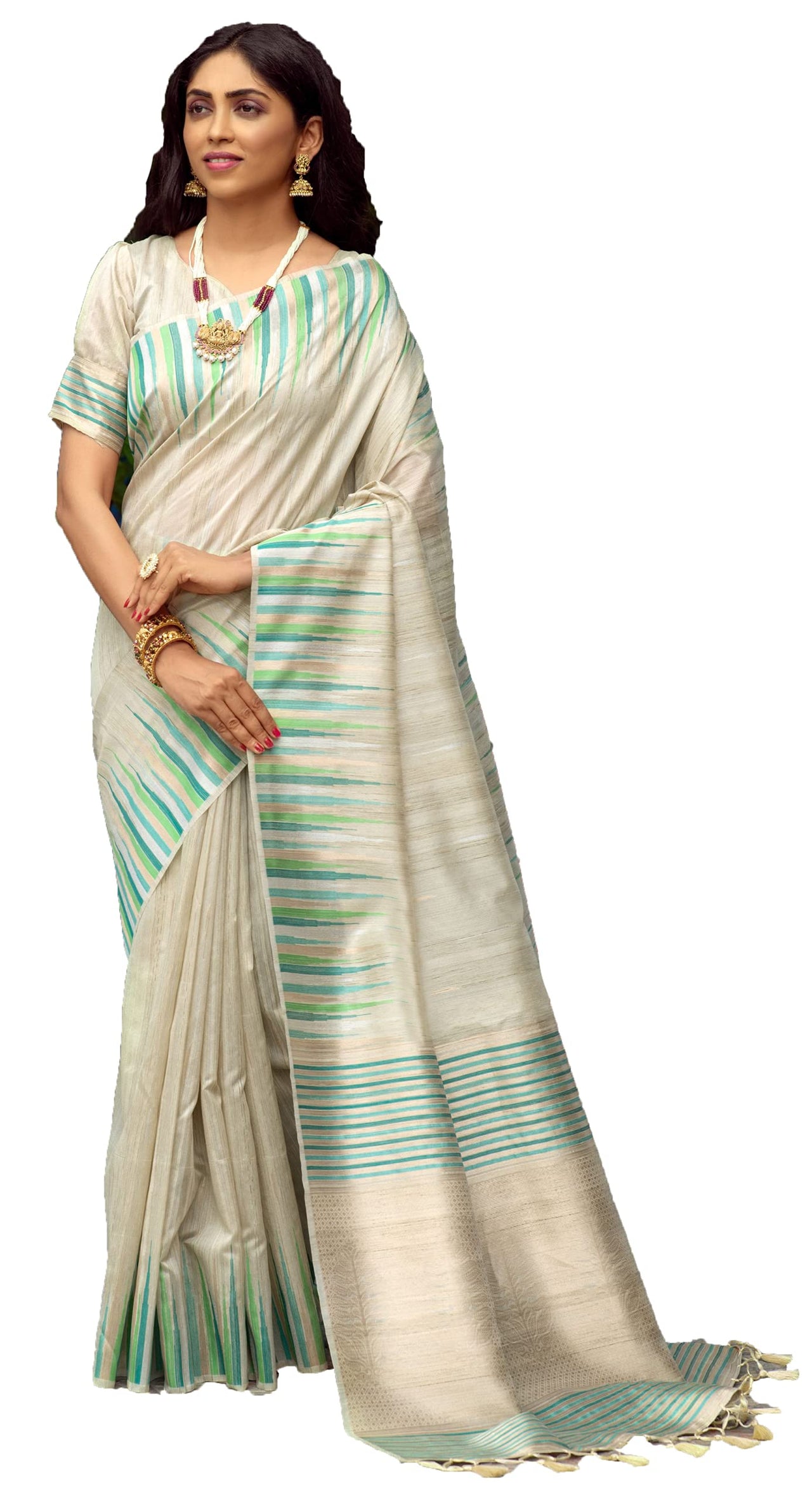 NK Textiles Women's  Ikat Woven Tussar Silk Saree with Tassels