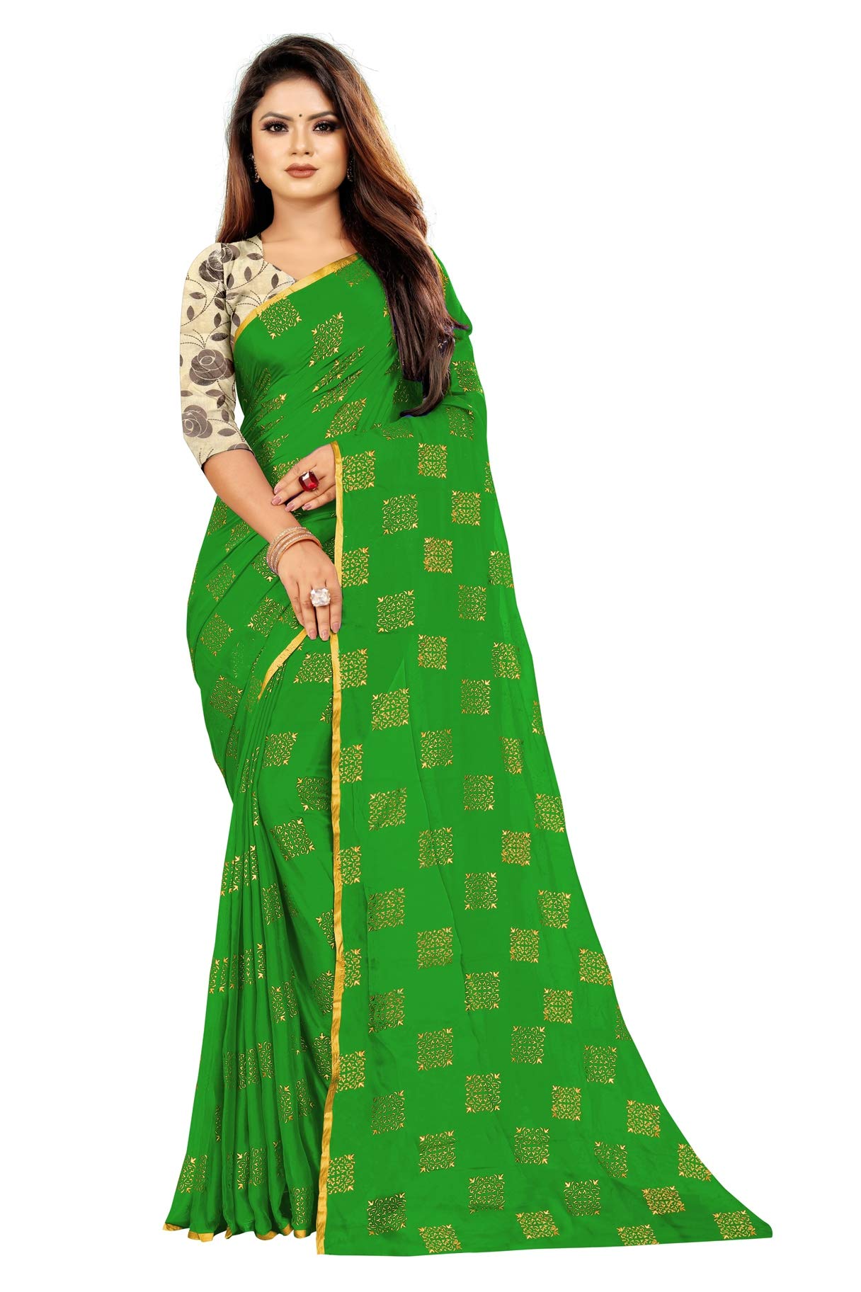 Rhey Women Foil Print Work Chiffon Saree With Blouse Piece