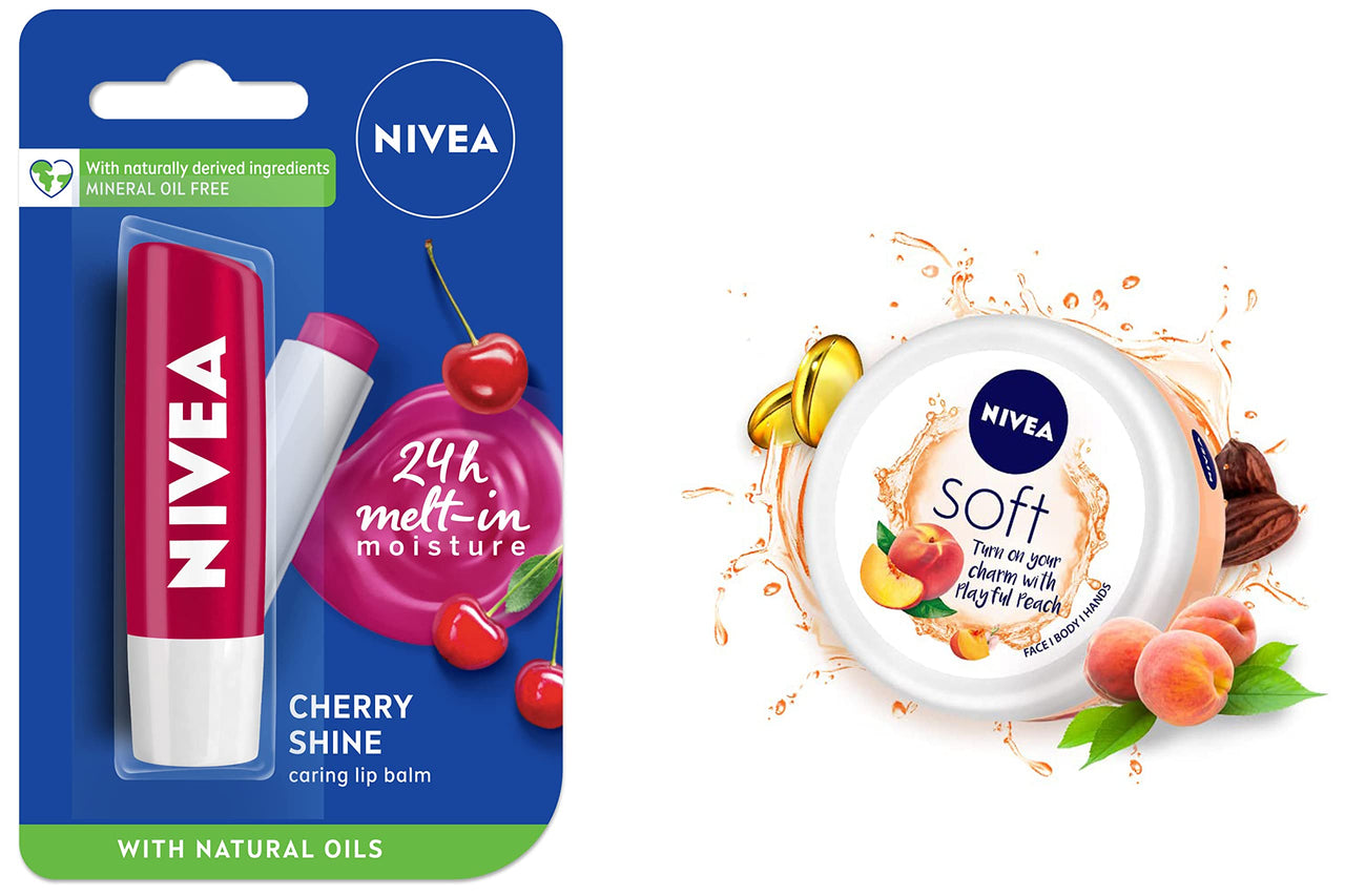 NIVEA Lip Balm, Glossy Finish - Fruity Cherry Shine, 4.8g & NIVEA Soft Light Moisturizer Cream, Playful Peach, with Vitamin E & Jojoba Oil for Face, Hands and Body 100 ml