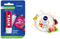 NIVEA Lip Balm, Glossy Finish - Fruity Cherry Shine, 4.8g & NIVEA Soft Light Moisturizer Cream, Playful Peach, with Vitamin E & Jojoba Oil for Face, Hands and Body 100 ml
