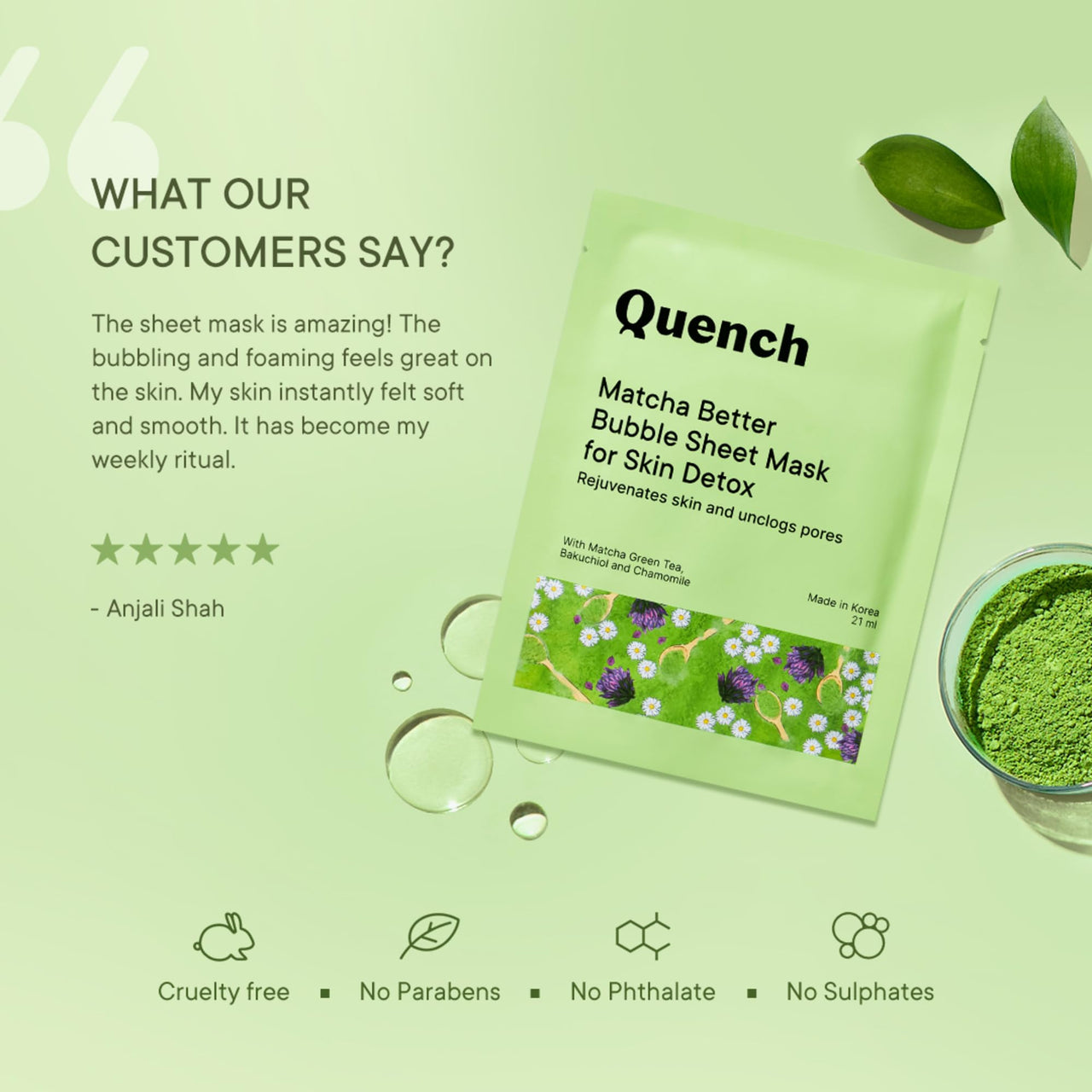 QUENCH BOTANICS Korean Bubble Sheet Mask With Matcha Green Tea Anti-Oxidants | Self-Foaming Korean Mask For Glowing Skin | Deep Cleanses & Purifies Skin | Made In Korea (Pack Of 1, 21Ml)