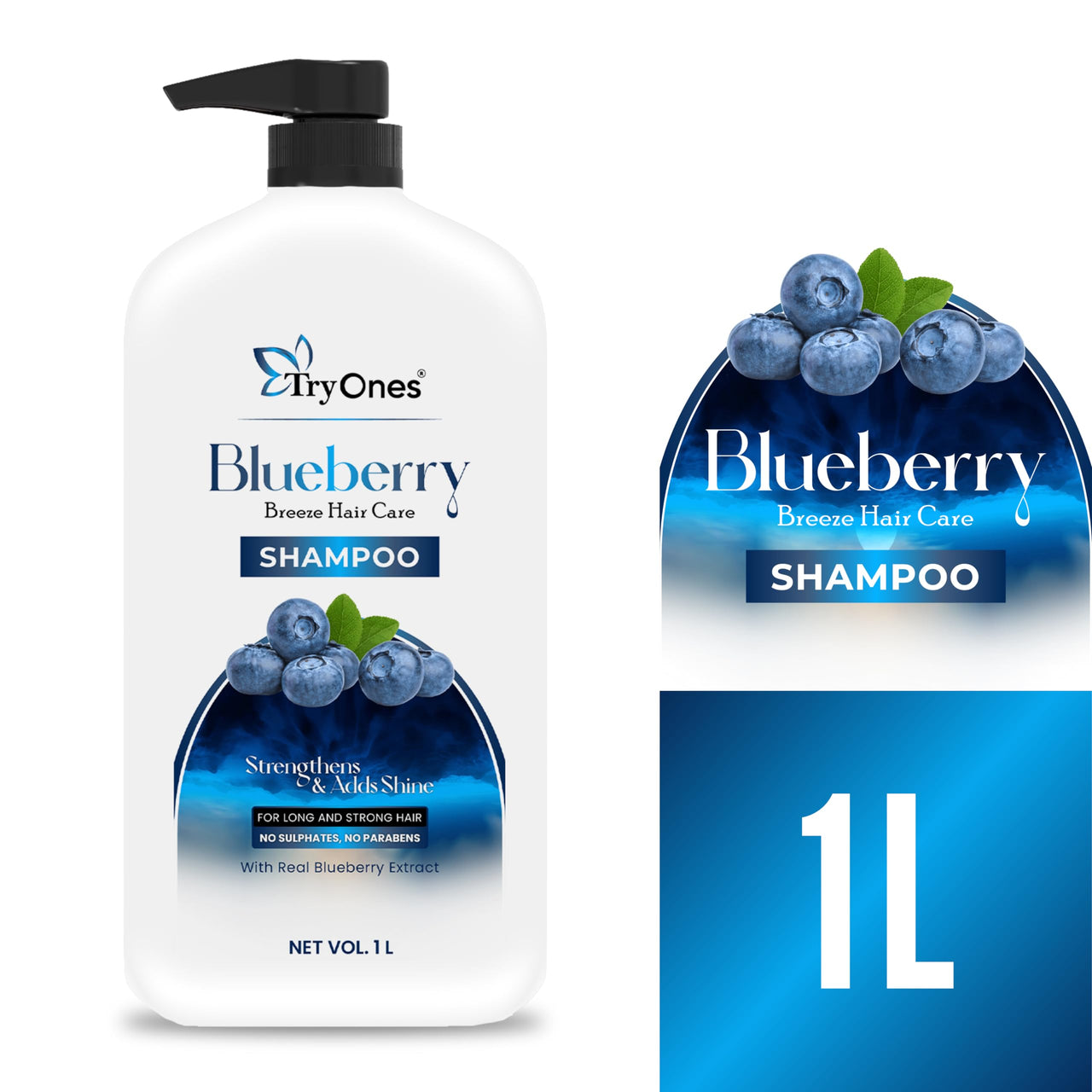 TryOnes Strong Shampoo - 1000 ml | For Damage Repair and Weak Hair, rich with Blue Berry extract, Helps with itching, irritation | Paraben Free Shampoo