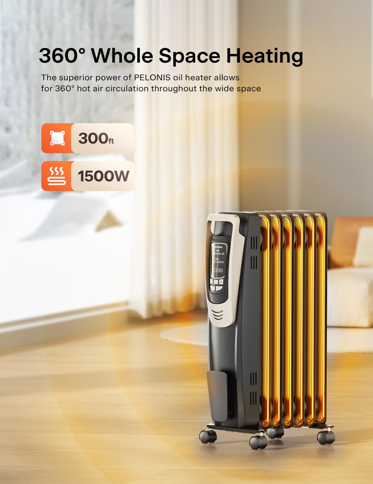 PELONIS Oil Filled Radiator, Electric Space Heater for Indoor Use Large Room with Thermostat & Remote, 3 Modes & 3 Heat Settings, ECO Mode, 24H Timer, Quiet, Overheat & Tip-Over Protection, 1500W Premium with LED Display Black
