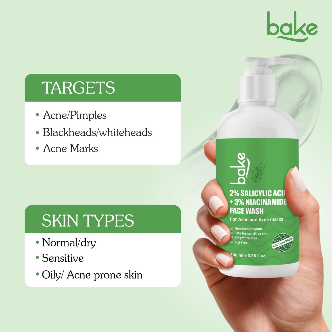 BAKE 2% Salicylic Acid & 3% Niacinamide Face Wash for Oily Acne Prone Skin | Treats Active Acne & Fades Acne Marks & Dark Spots | Daily Anti Acne Face Wash - 100ml