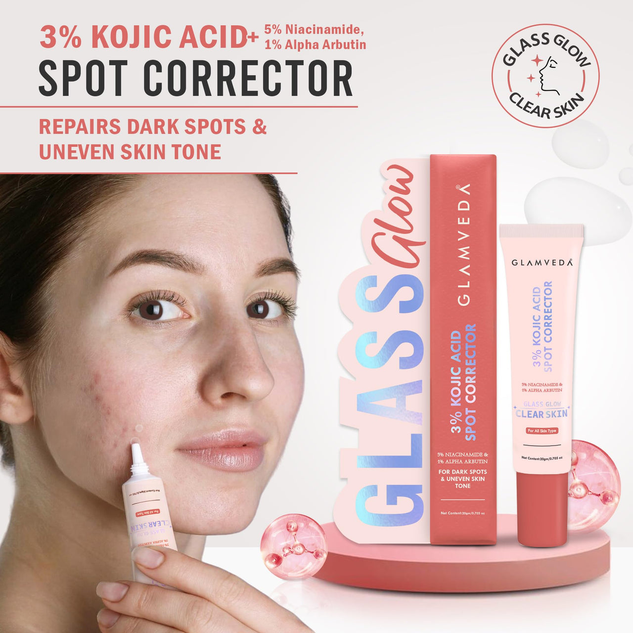 Glamveda 3% Kojic Acid Spot Corrector Gel Reduces Acne Scars & Dark Spots | Glow Booster & Pigmentation Removal | With Alpha Arbutin & Niacinamide | 20g