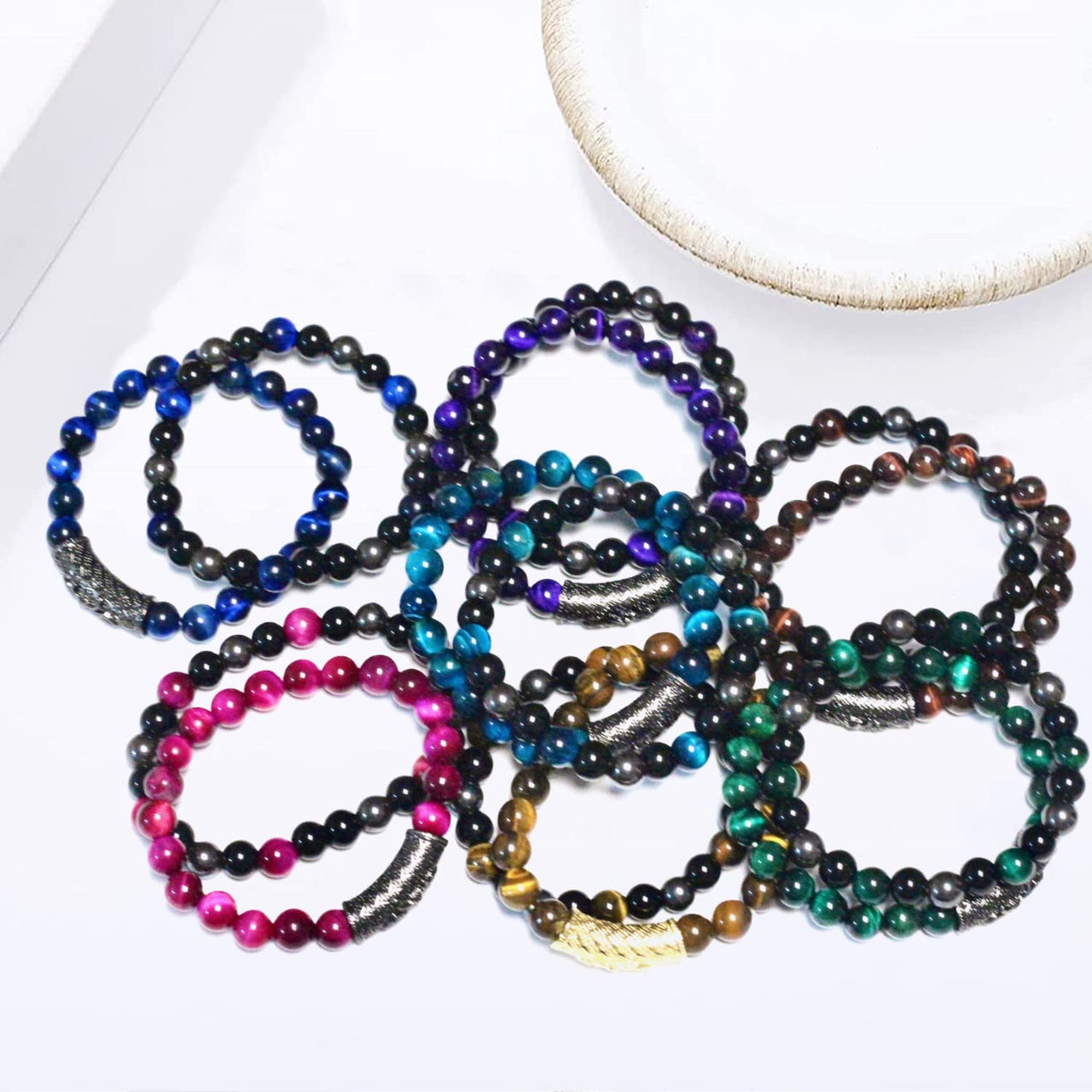 2Pcs Triple Protection Bracelet,Natural Tigers Eye Black Obsidian and Hematite 8 MM Beads Bracelet for Men Women Gift, Healing Crystal Bracelet Bring Luck and Prosperity and Happiness (Purple) Purple