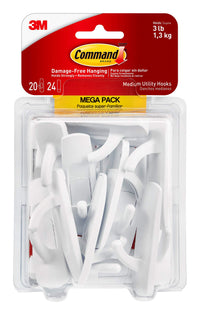 Command Medium Utility Hooks, Damage Free Hanging Wall Hooks with Adhesive Strips, No Tools Wall Hooks for Hanging Organizational Items in Living Spaces, 20 White Hooks and 24 Command Strips 20 Hooks