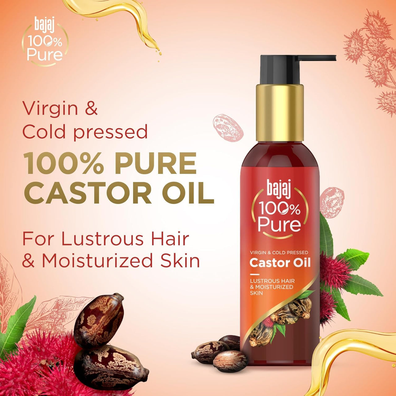 Bajaj 100% Pure Castor Oil 200ml, Pure Hair Oil, Natural Cold-Pressed Castor Oil, No Silicones, Paraben Free, Lead Free