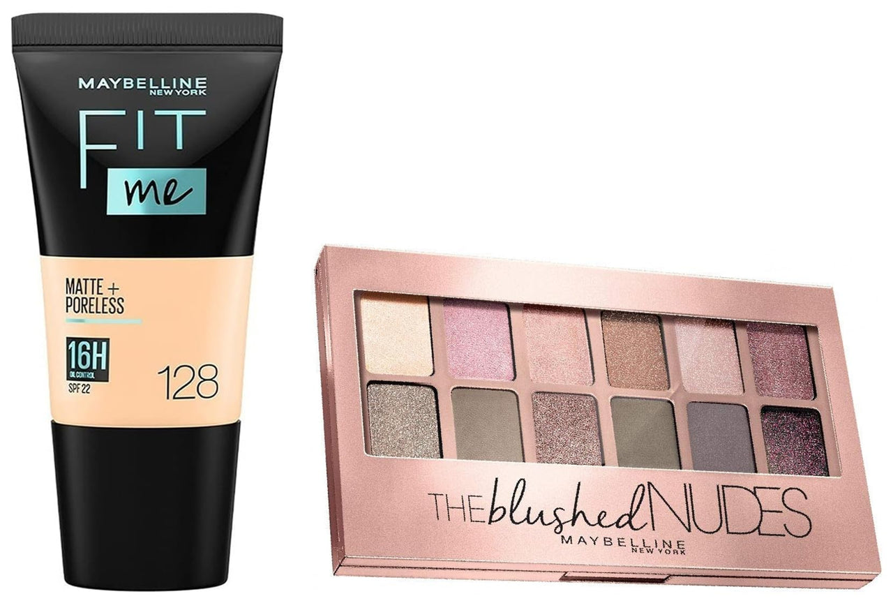 Maybelline New York The Blushed Nudes Palette Eyeshadow, 9G And Maybelline New York Fit Me Matte+Poreless Liquid Foundation Tube, 128 Warm Nude, 18Ml