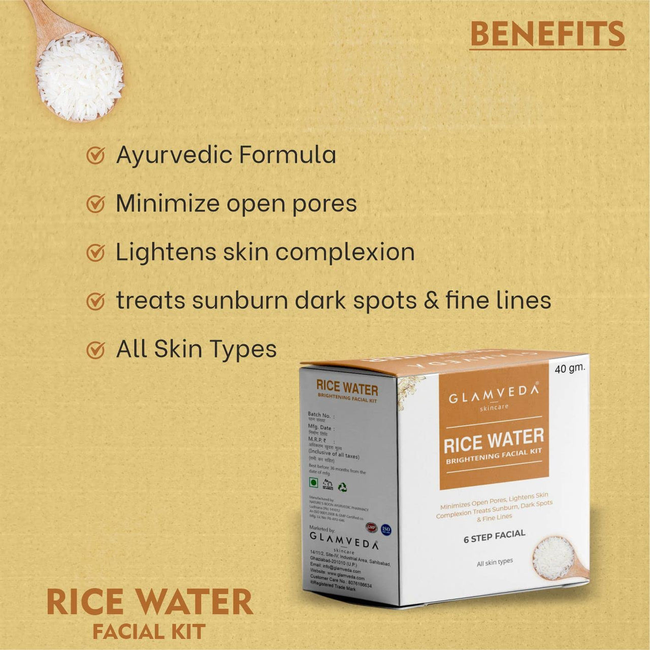 Glamveda Rice Water Brightening Facial Kit Pack Of 2 | 6 Steps Facial Kit | 80 Gm