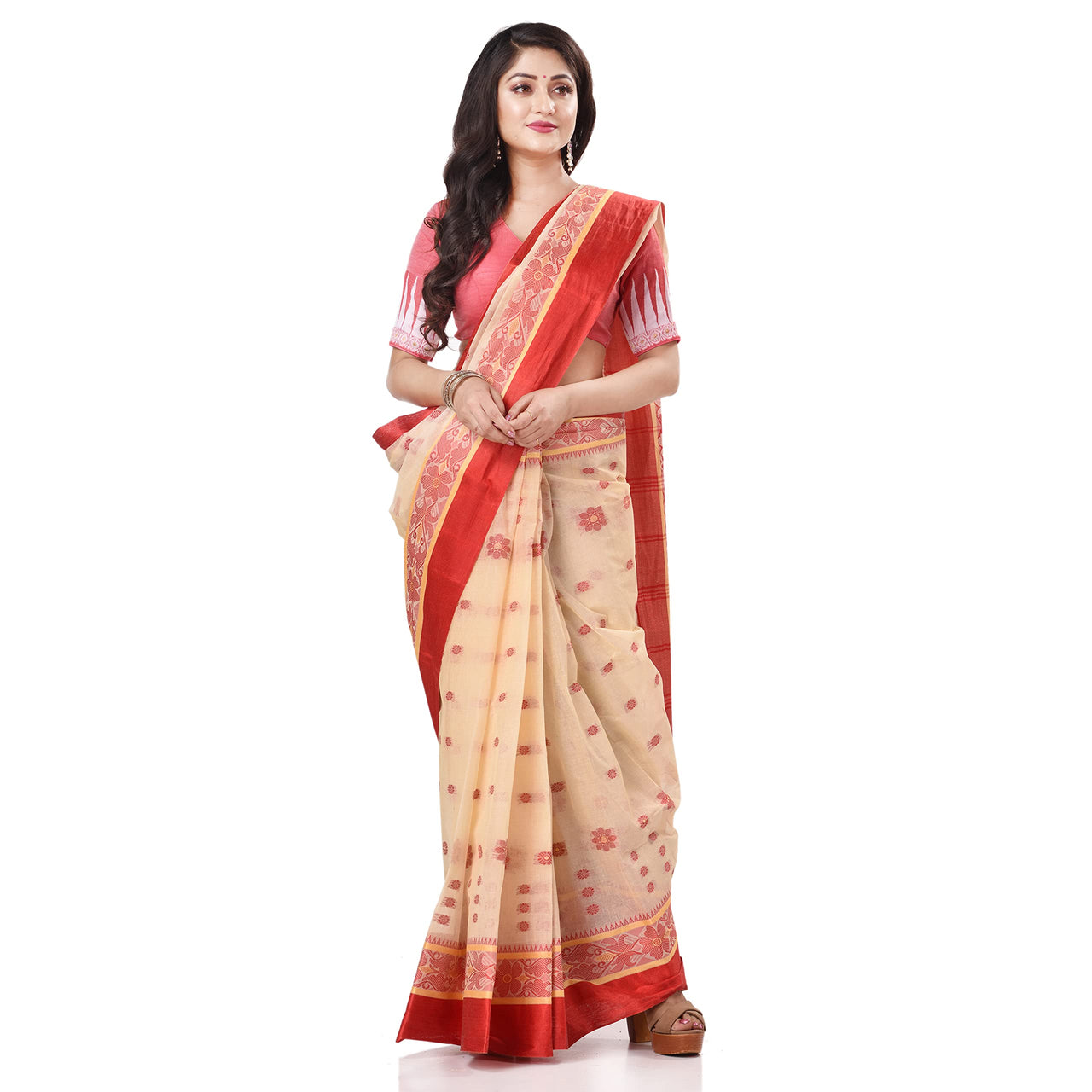 dB DESH BIDESH Women`s Traditional Bengal Phulkoli Woven Design Pure Handloom Cotton Saree Without Blouse Piece White Red