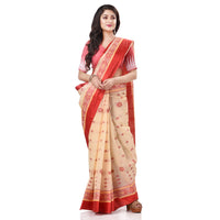 dB DESH BIDESH Women`s Traditional Bengal Phulkoli Woven Design Pure Handloom Cotton Saree Without Blouse Piece White Red