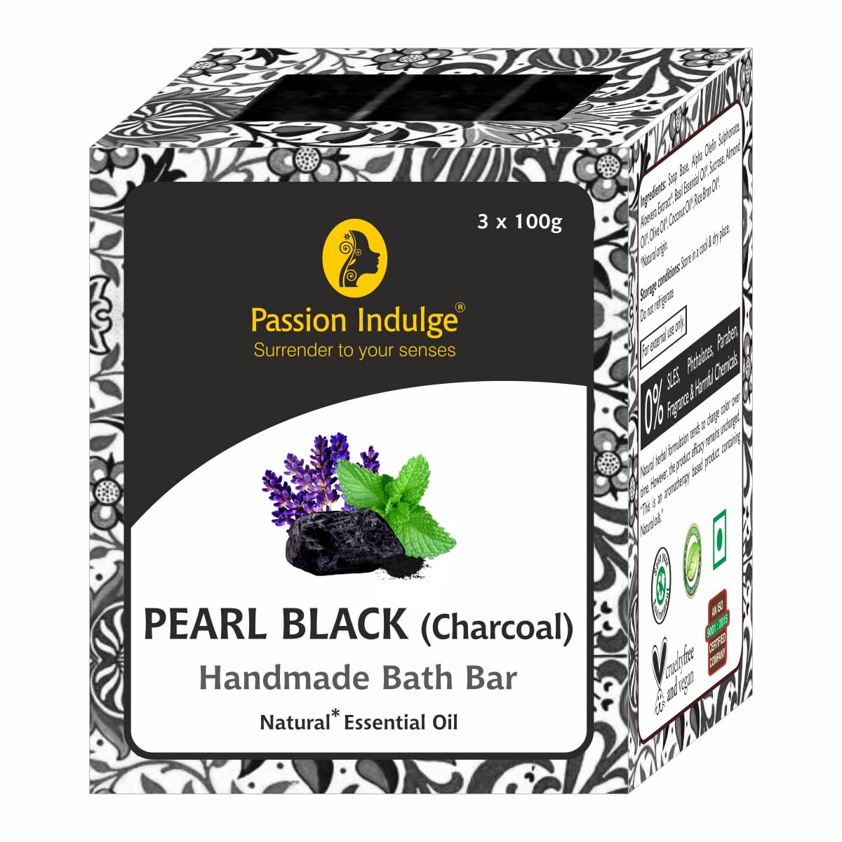 Passion Indulge Handmade Soaps Natural Bath Bar- (Charcoal) Pearl Black and Rose Couple Combo Pack For All Men & Women | All Skin Type | Essential Oil | Vegan (Pack Of 6)