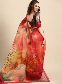 AKHILAM Women's  Knit Floral Printed Organza Saree with Unstitched Blouse Piece (FF0SAGE10_Parent)