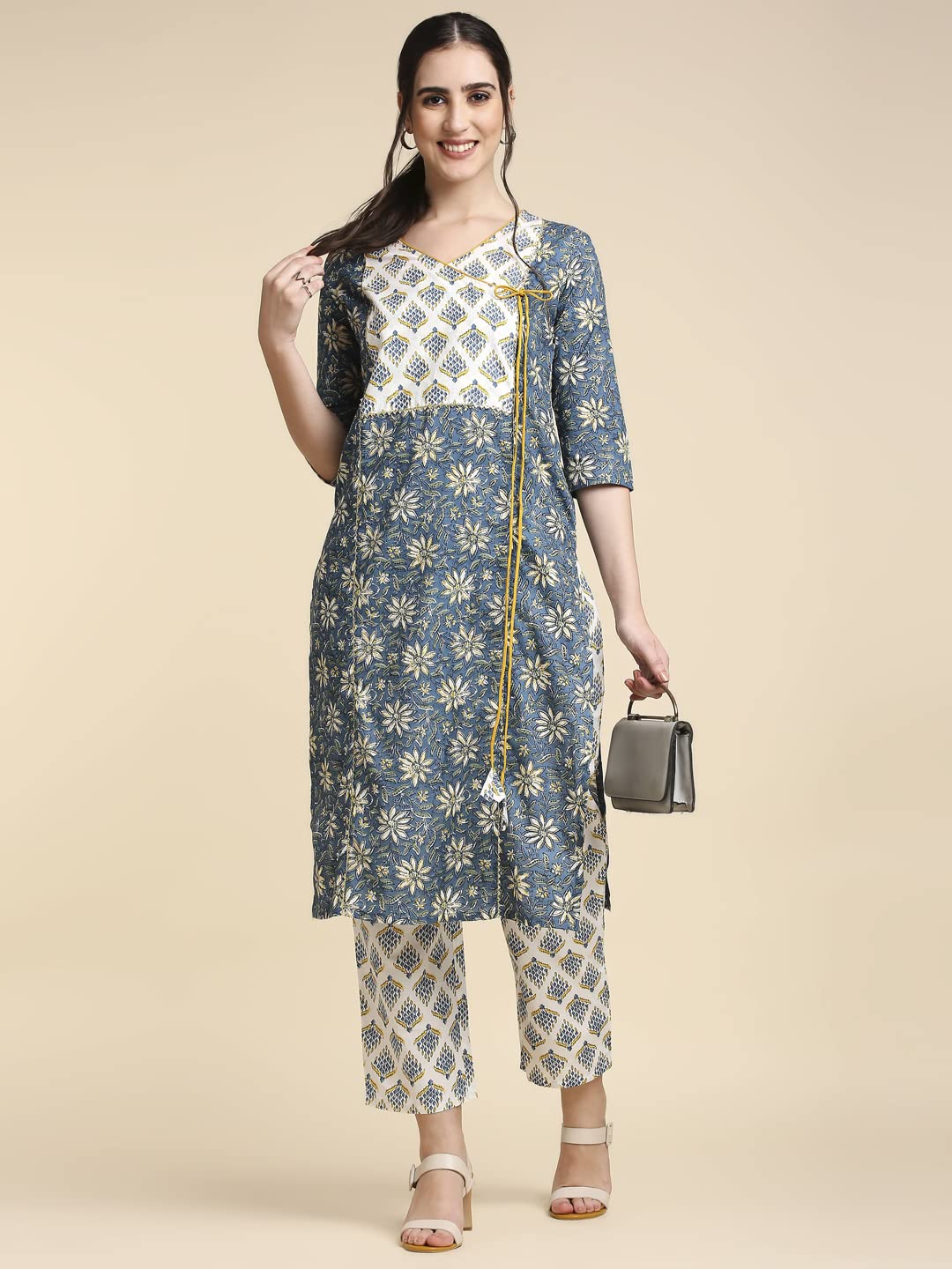 anubhutee Women's  Blue Printed Angrakha Pure Cotton Straight Kurta Suit Set with Pants