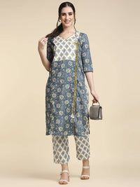 anubhutee Women's  Blue Printed Angrakha Pure Cotton Straight Kurta Suit Set with Pants