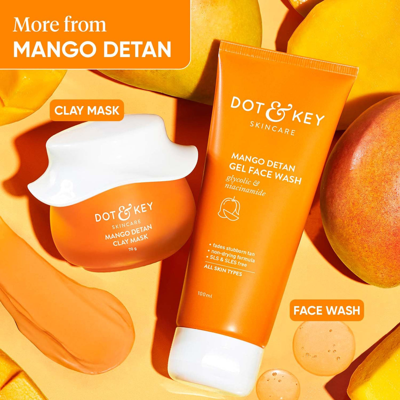 Dot & Key Mango Detan Tan Removal Clay Mask | Clay Mask for Face with Glycolic & Lactic | Great for All Skin Types | Fresh Juicy Mango Fragrance | 70gm