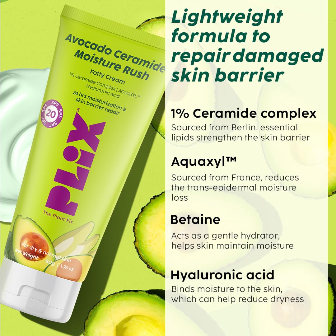 PLIX - THE PLANT FIX Plix-The Plant Fix Avocado Ceramide Moisture Rush Fatty Cream With Spf 20 | Deep Moisturization | Barrier Repair Cream | For Dry Skin, Normal Skin & Sensitive Skin | 50G