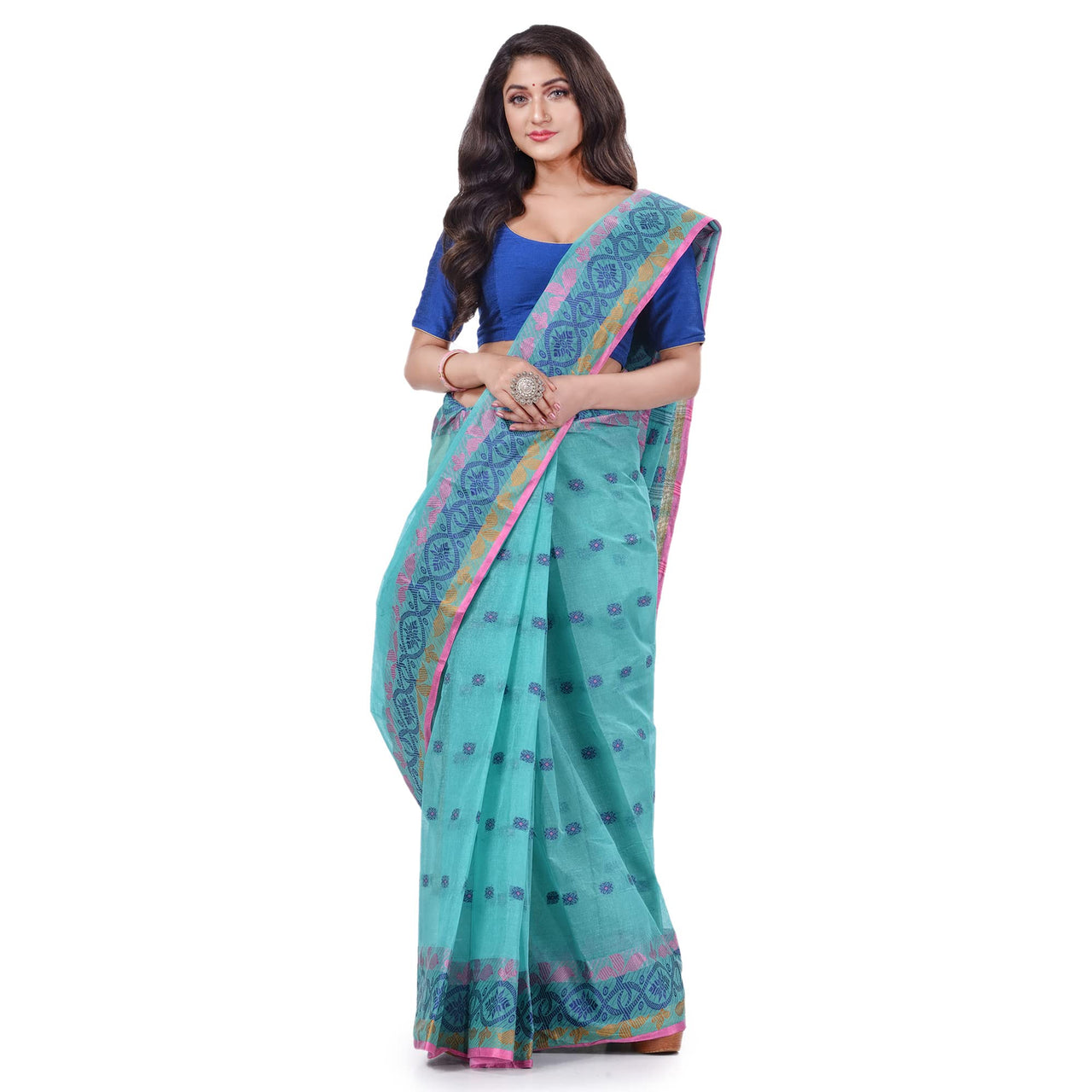 dB DESH BIDESH Women`s Traditional Bengal Tant Tri Leaf Woven Design Pure Handloom Cotton Saree Without Blouse Piece