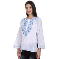 Paramount Women's  Chikankari Cotton White Straight Short Kurta Navy XS