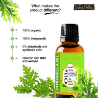 Indus Valley 100% Pure Natural & Organic, Undiluted citronella Essential Oil with Glass Dropper for Skin, Hair Care -15ml