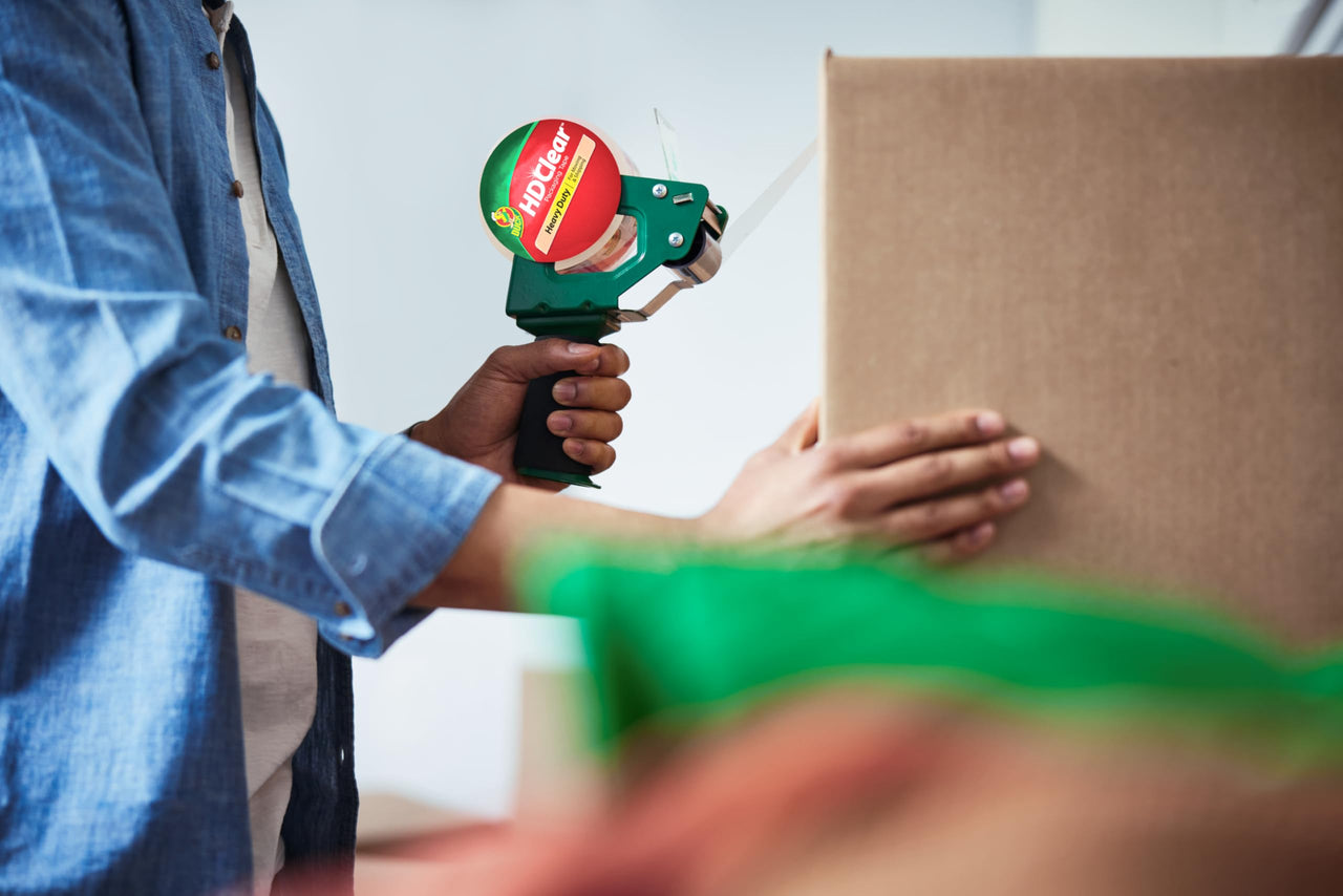 Duck Brand Handled Tape Gun With Clear Packing Tape, 1.88 Inch x 54.6 Yard, 3 Inch Core (669332)