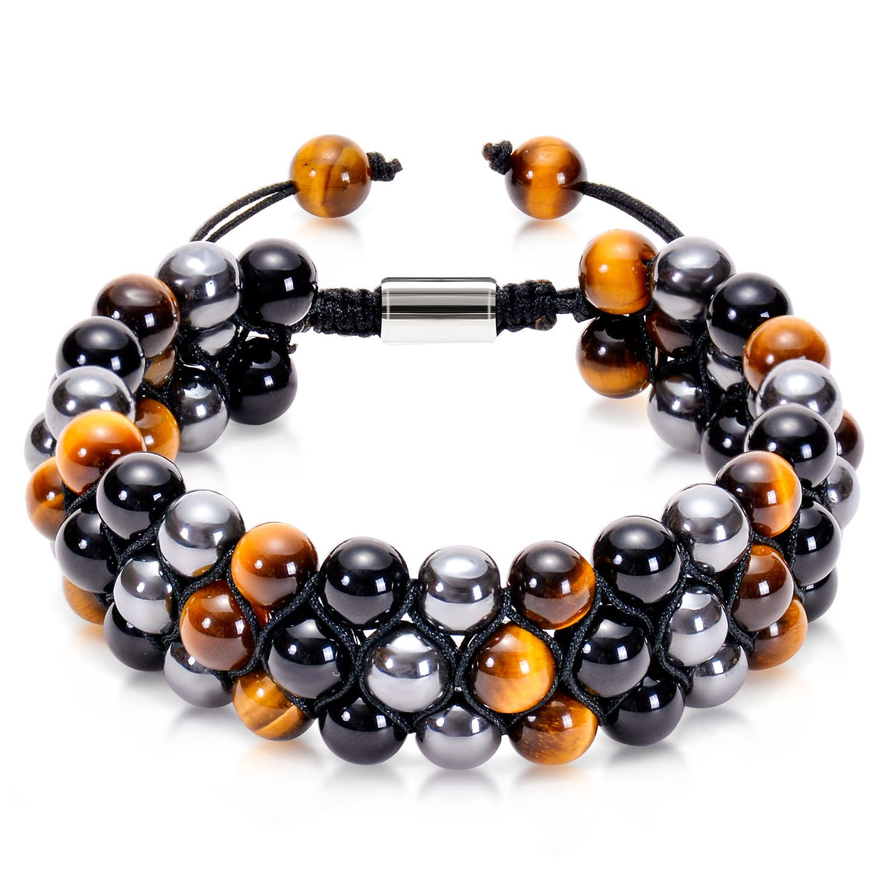 DHQH Triple Protection Bracelet Natural Black Obsidian Tigers Eye Hematite 8-10mm Beads Handmade Bracelet- Healing Crystal Bracelet Bring Luck Prosperity and Happiness F-Three-layer Bracelet