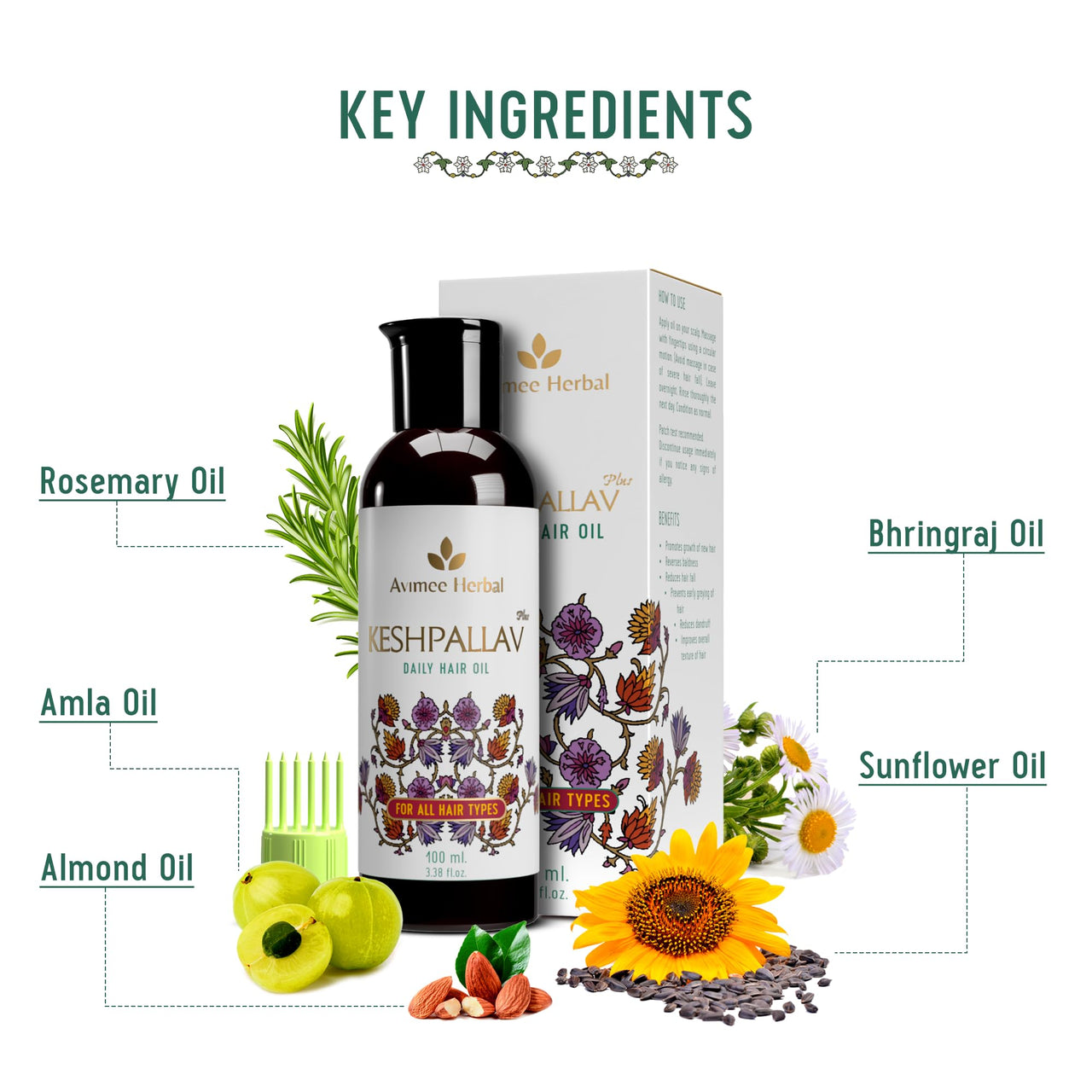 Avimee Herbal Keshpallav Plus Hair Oil for Men & Women | Non Oily Non Greasy with Soothing Fragrance | With Rosemary to Fight Hair Fall | 100 ml