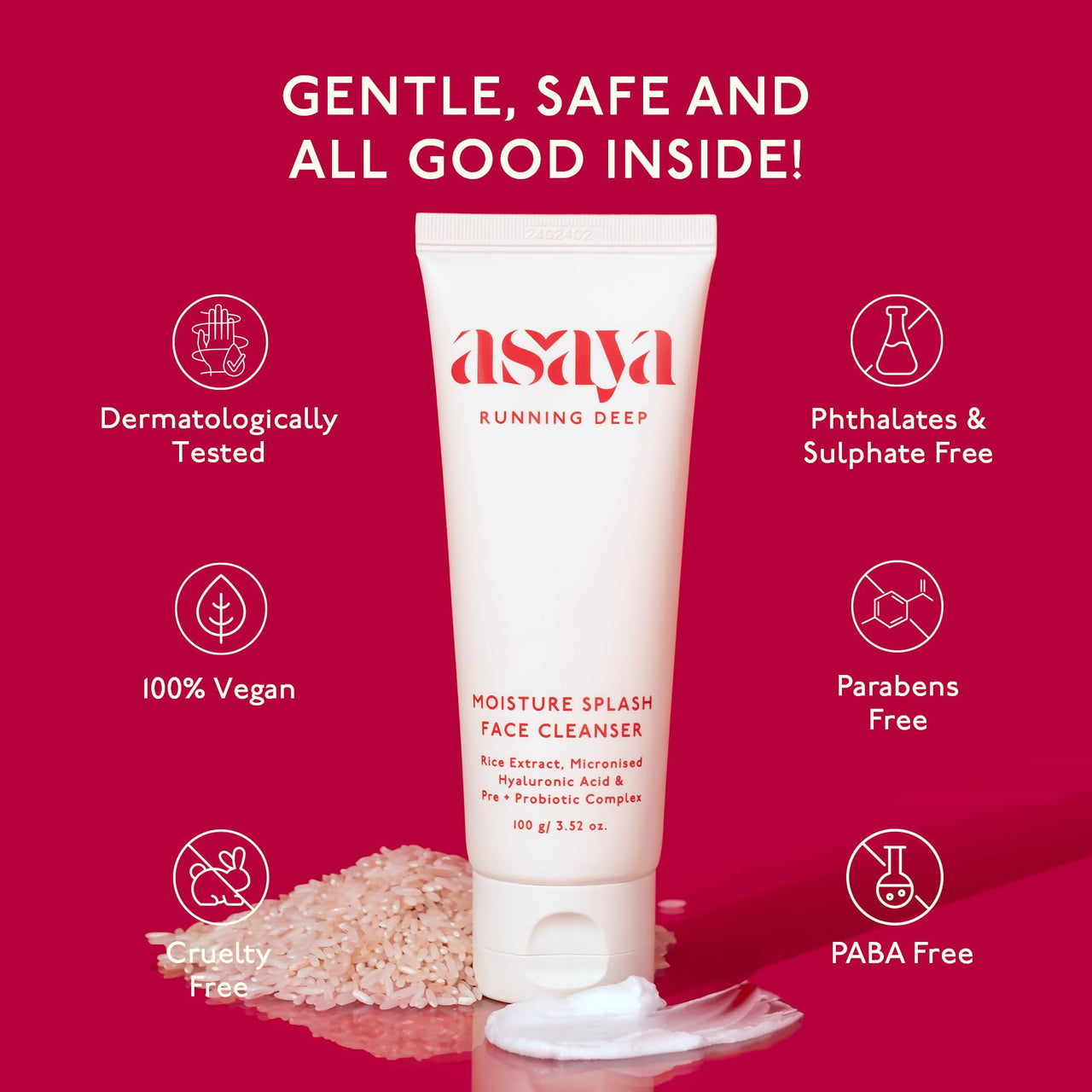 Asaya Hydrating Gentle Face Wash | Korean Rice Water & Hyaluronic Acid | Brightens, Soothes & Strengthens Skin Barrier | Pre + Probiotics for Microbiome Balance | Deep Cleansing, Non-Stripping & Moisturizing | Minimizes Pores & Evens Tone | For Sensitive,