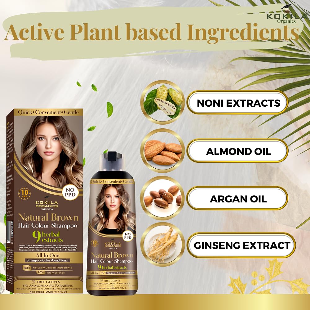 Kokila NO PPD Shampoo Natural Brown Hair Colour 400ml for Women and Men, Natural Extracts, Colours Hair in 10 Minutes | Ammonia Free, Paraben Free - 10 Pair Free Gloves