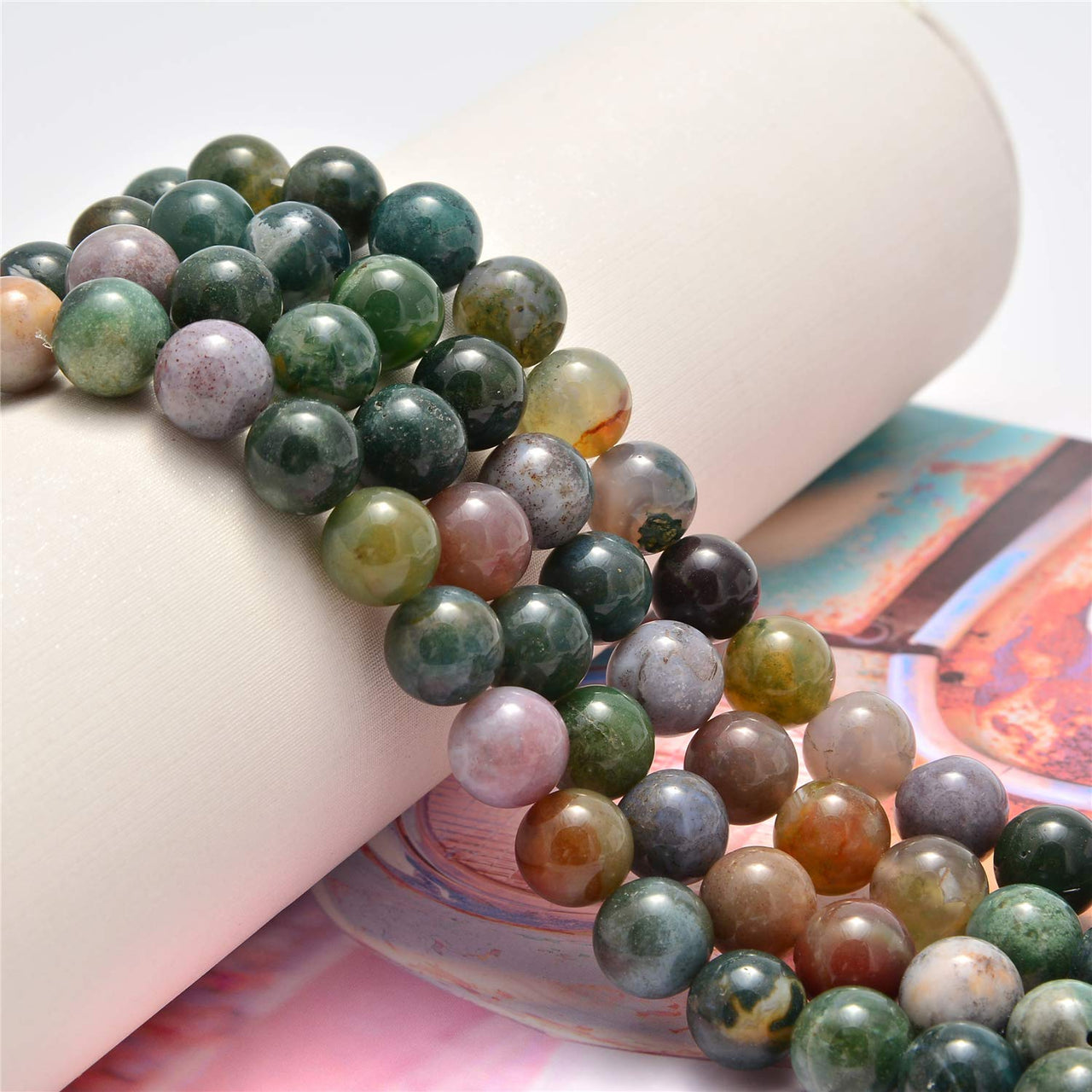 NCB 100Pcs 8mm Natural Stone Beads Indian Agate Gemstone Round Loose Stone Beads Spacer Beads Energy Healing Beads with Free Crystal Stretch Cord for Jewelry Making (Indian Agate, 8mm 100Beads)