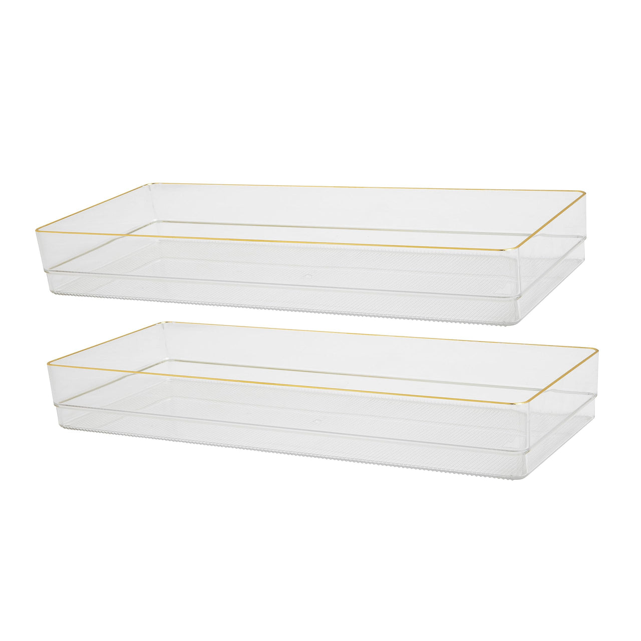 Martha Stewart Kerry Plastic Stackable Office Desk Drawer Organizers, 15" x 6", 2 Pack, with Gold Trim