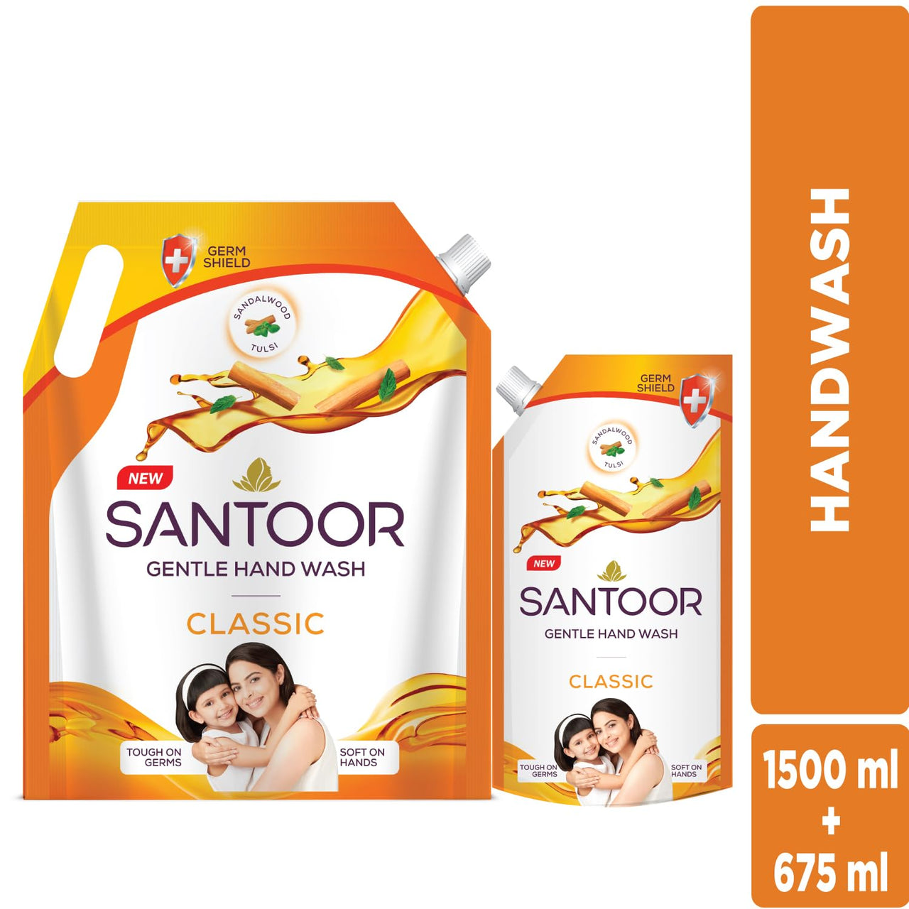 Santoor Classic Gentle Hand Wash 1300+650ml with Natural Goodness of Sandalwood & Tulsi| Rich Lathering Formula With Anti-Bacterial Properties| Soft on Hands| Soothes & Hydrates Skin