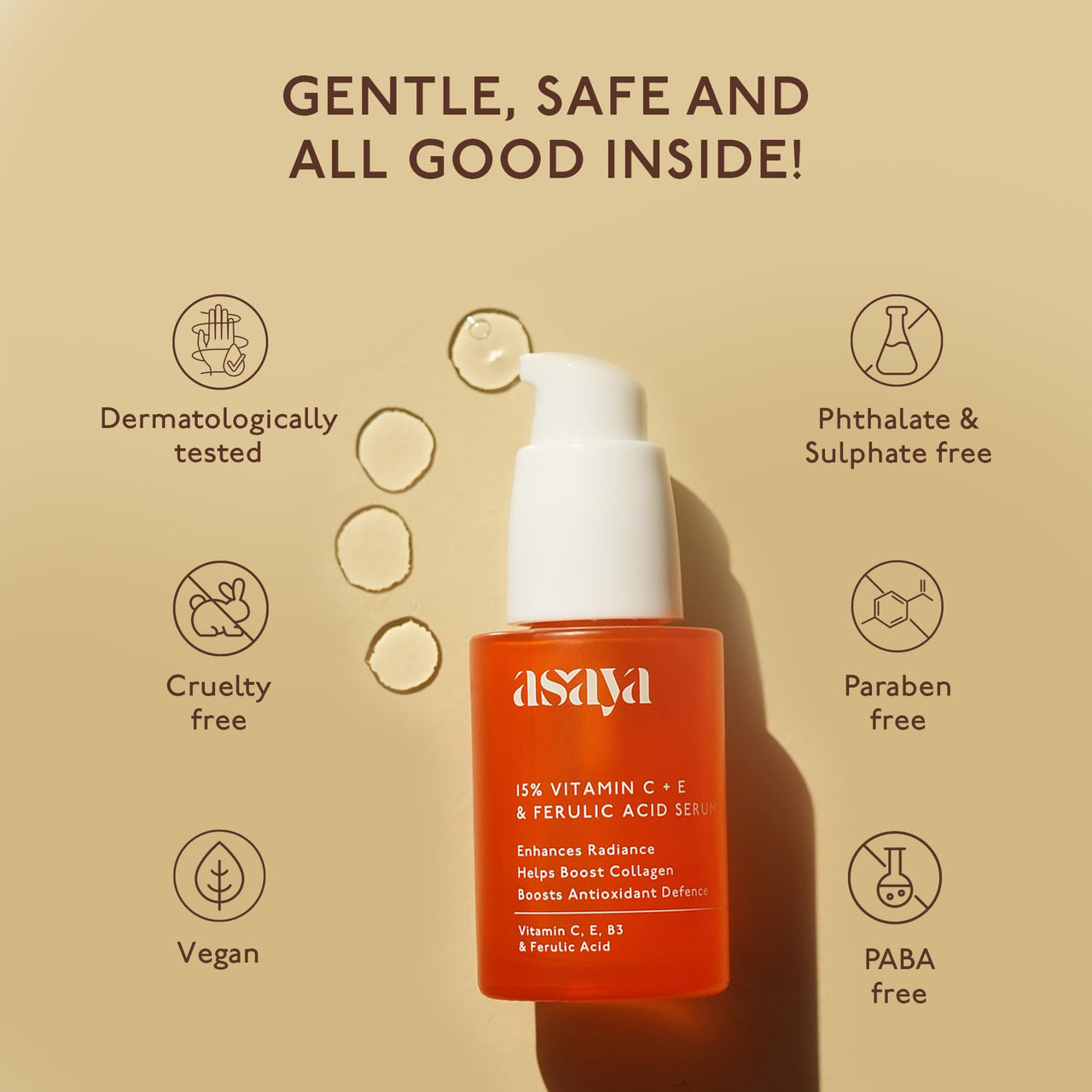 Asaya 15% Vitamin C Face Serum | Brightens Skin, Fades Dark Spots & Boosts Collagen | With Vitamin E for Hydration & Barrier Repair | 3-O-Ethyl Ascorbic Acid & Ferulic Acid | Evens Skin Tone & Lightweight | Non-Greasy, Non-Comedogenic & Non-Irritating | O