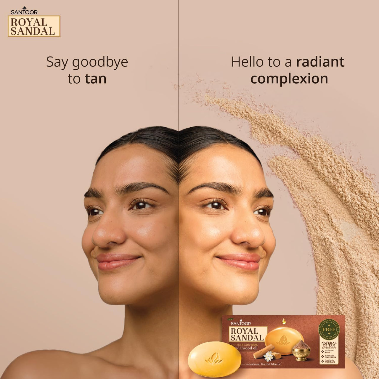Santoor Royal Sandal Soap, Serum & Face Pack | 100% Sandalwood Oil & Powder | 3-Step Natural Detan | Tan-Free Complexion, Even Skin Tone & Glow | 125g x 6 Soaps + 20g Face Pack + 15ml Serum