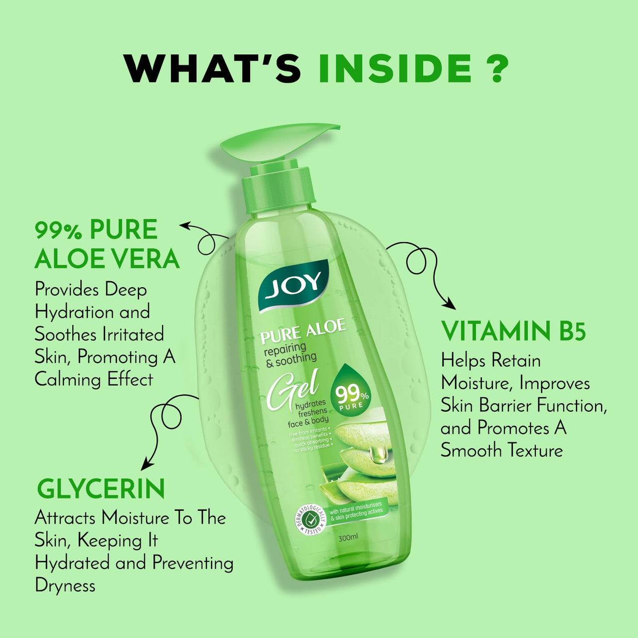 Joy Pure Aloe Vera Gel for Face & Body (300ml) with Natural Moisturisers & Pro Vitamin B5 | 99% Pure Aloe Gel for Hydrating Dry & Damaged Skin | Non Sticky & Quick Absorbing
