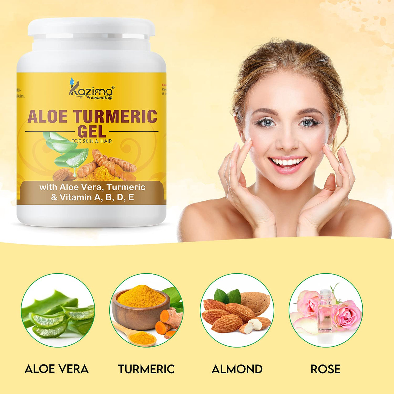 KAZIMA Aloe Turmeric Gel for Face and Body, 500gm | with Multivitamins, Turmeric and Pure Aloe Vera for Soothing, Hydrating, & Moisturizing | Brightening Gel for Dark Spots and Hyperpigmentation
