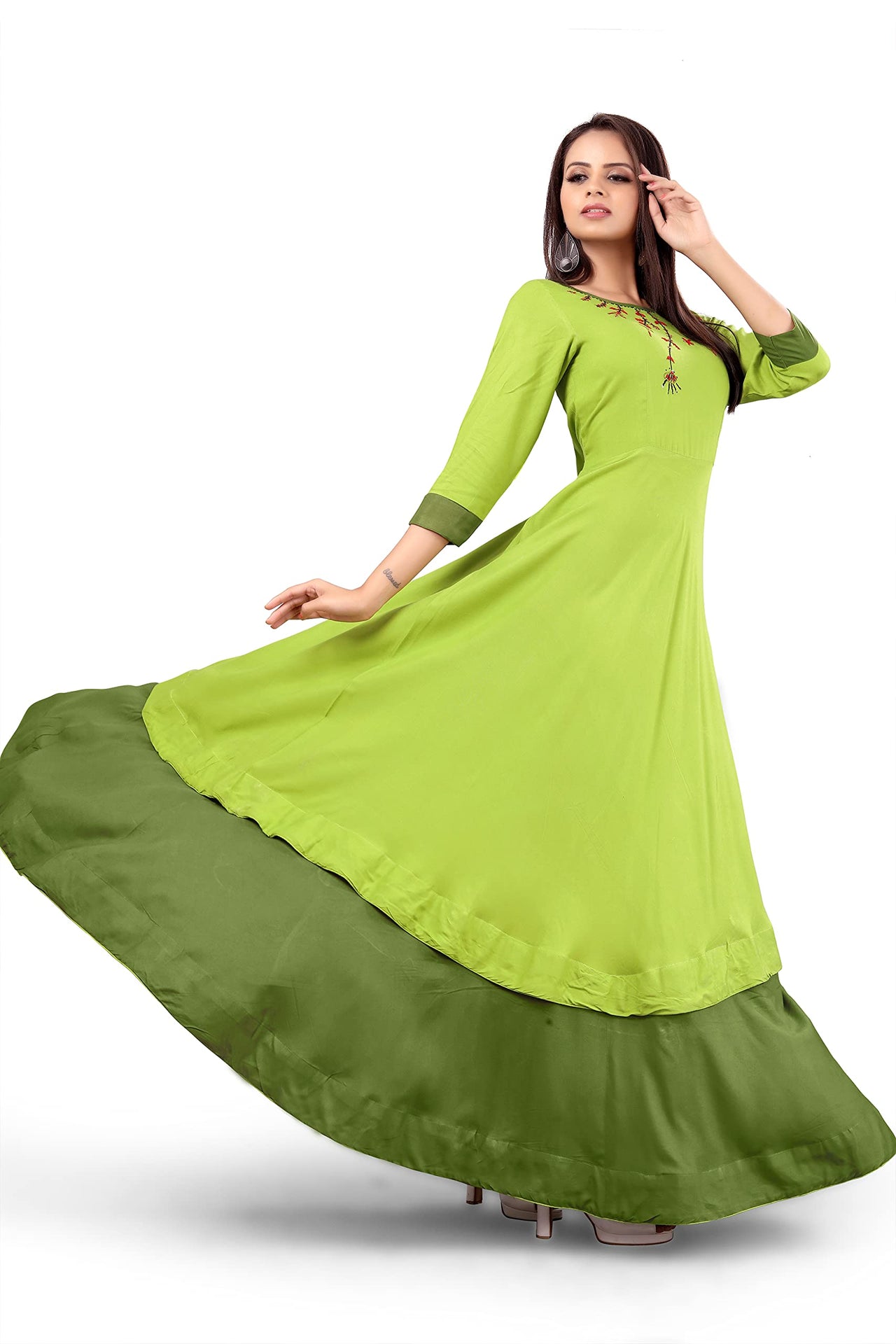 madhuram Women and Girls Rayon Hand Work and Anarkali Kurti Set with 3/4 Sleeve Jacquard Green Dupatta with Round Neck Kurta Set