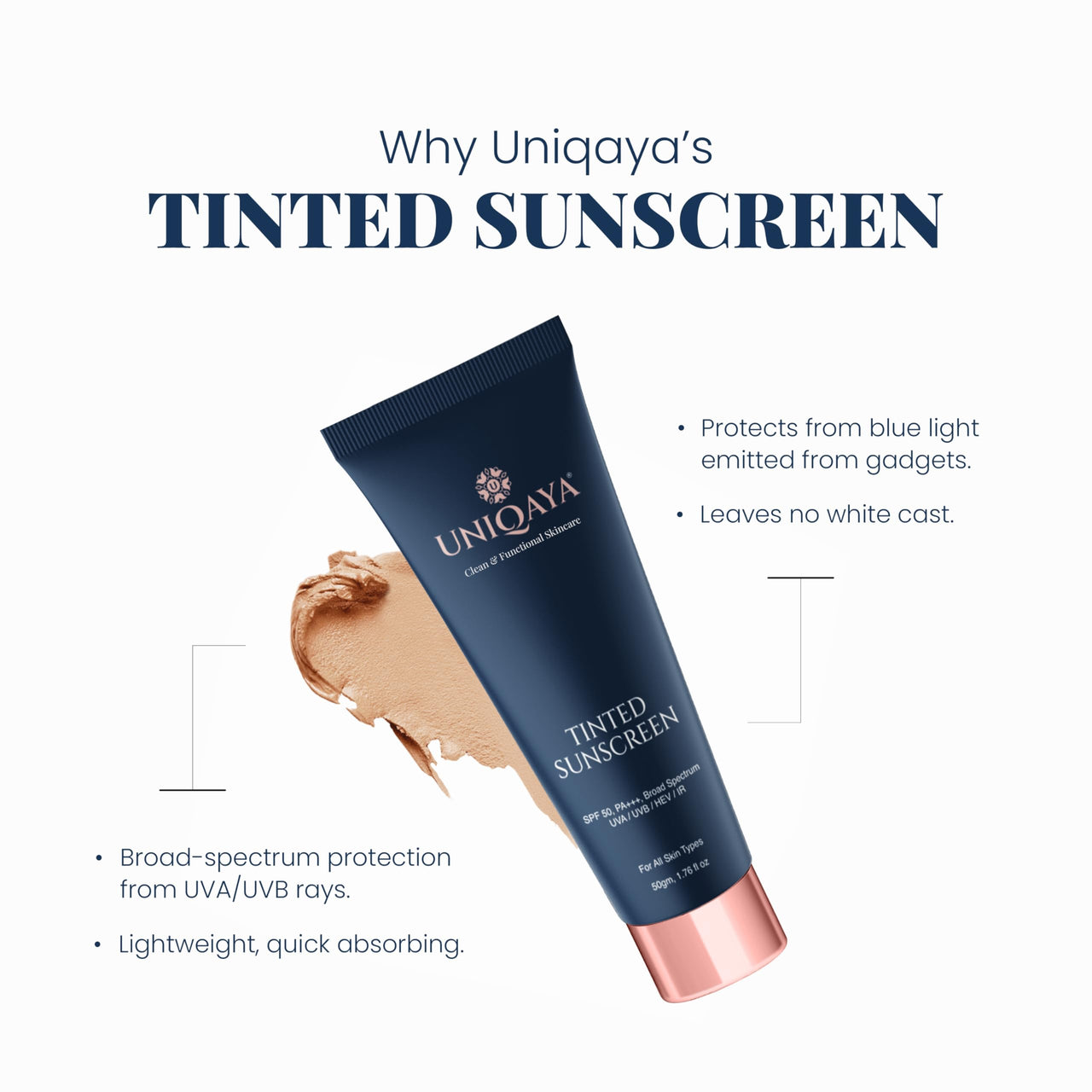 Uniqaya Tinted Sunscreen Spf 50 PA+++|Tinted Sunscreen for Men & Women Sunscreen for Oily Skin & Dry Skin |Blue Light Protection No White Cast, Lightweight